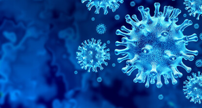 Digital illustration of multiple blue virus particles resembling coronaviruses on a dark blue background, ideal for Chicago lawyers or litigation support teams addressing legal challenges related to healthcare or public safety.