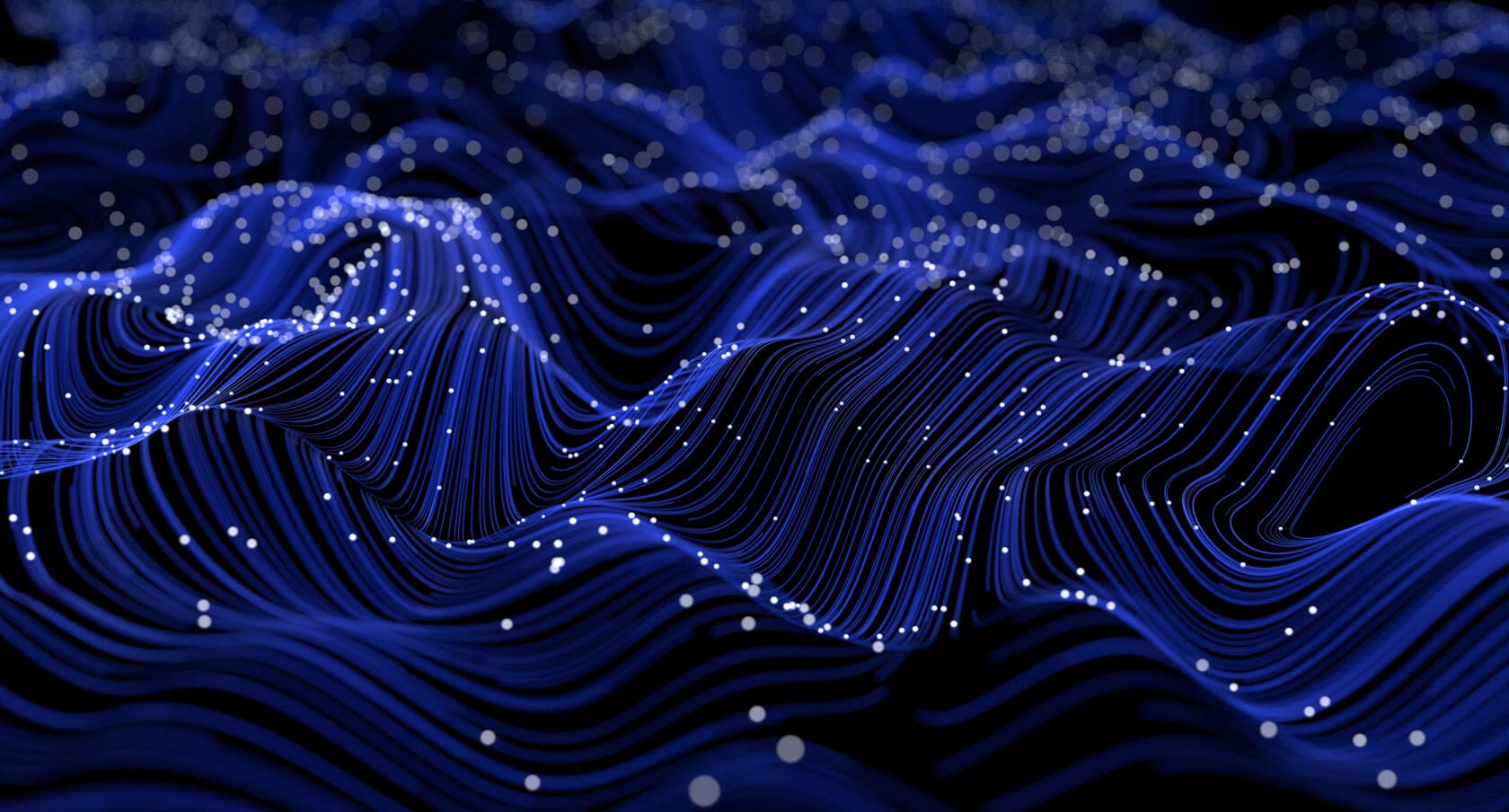 Abstract digital image of wavy blue lines and scattered white dots resembling a flowing landscape or data visualization, ideal for litigation support presentations by lawyers in Chicago.