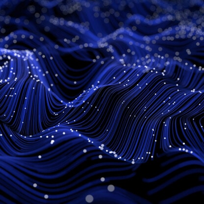 Abstract digital image of wavy blue lines and scattered white dots resembling a flowing landscape or data visualization, ideal for litigation support presentations by lawyers in Chicago.