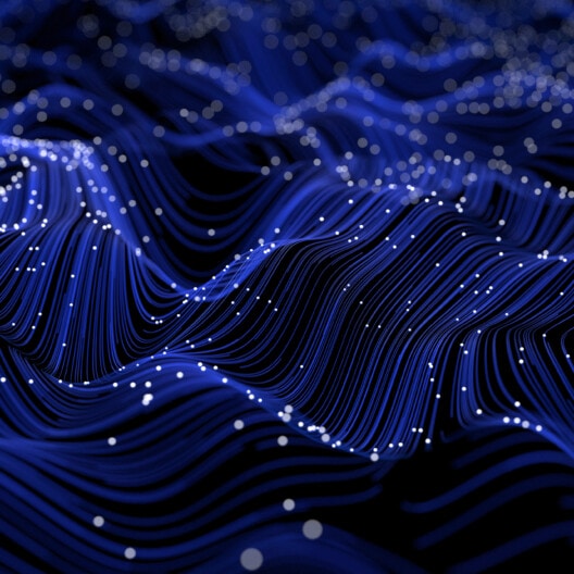 Abstract digital image of wavy blue lines and scattered white dots resembling a flowing landscape or data visualization, ideal for litigation support presentations by lawyers in Chicago.