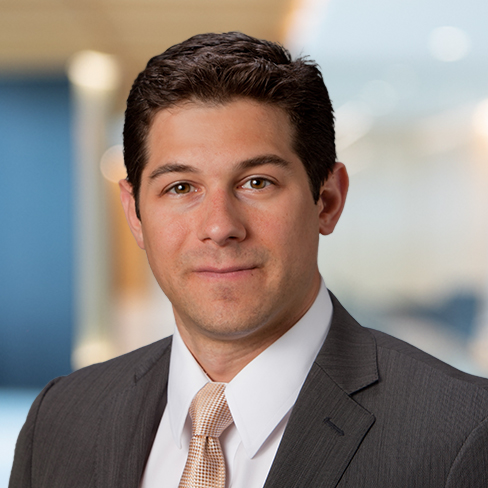 A man with short dark hair wearing a gray suit, white shirt, and beige tie is posing for a professional portrait with a blurred office background, typical of Chicago lawyers specializing in intellectual property law.