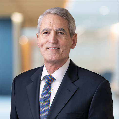 A gray-haired man in a dark suit and patterned tie stands indoors, smiling slightly, with a blurred office background—exemplifying the professionalism of Chicago lawyers specializing in litigation support.