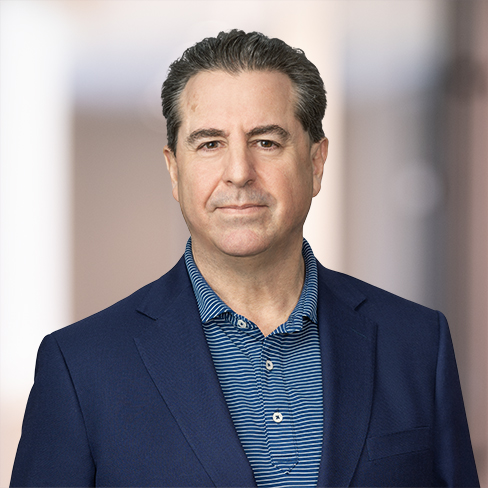A middle-aged man with short dark hair wearing a blue blazer over a blue patterned polo shirt, standing in front of a blurred indoor background, represents professionals offering litigation support and intellectual property law services.