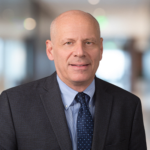 A middle-aged man with a bald head wearing a dark checked suit, blue shirt, and navy polka dot tie stands in a law office hallway, exuding professionalism suited for litigation support.