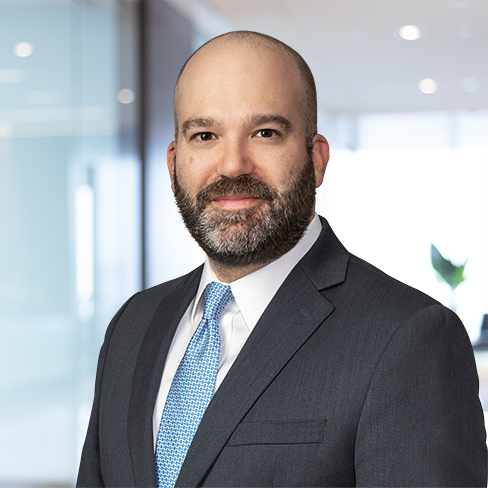 A man with a beard and bald head, wearing a suit and light blue tie, stands in a corporate law office with glass walls and natural light, reflecting expertise in litigation support.