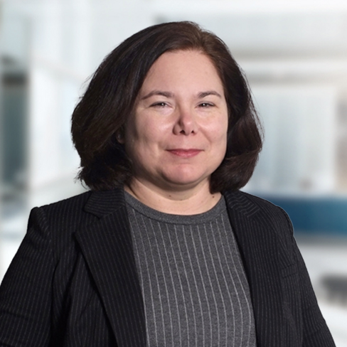 A woman with shoulder-length dark hair wearing a pinstripe blazer and gray top stands in a modern law office, reflecting the professionalism found among Chicago lawyers.
