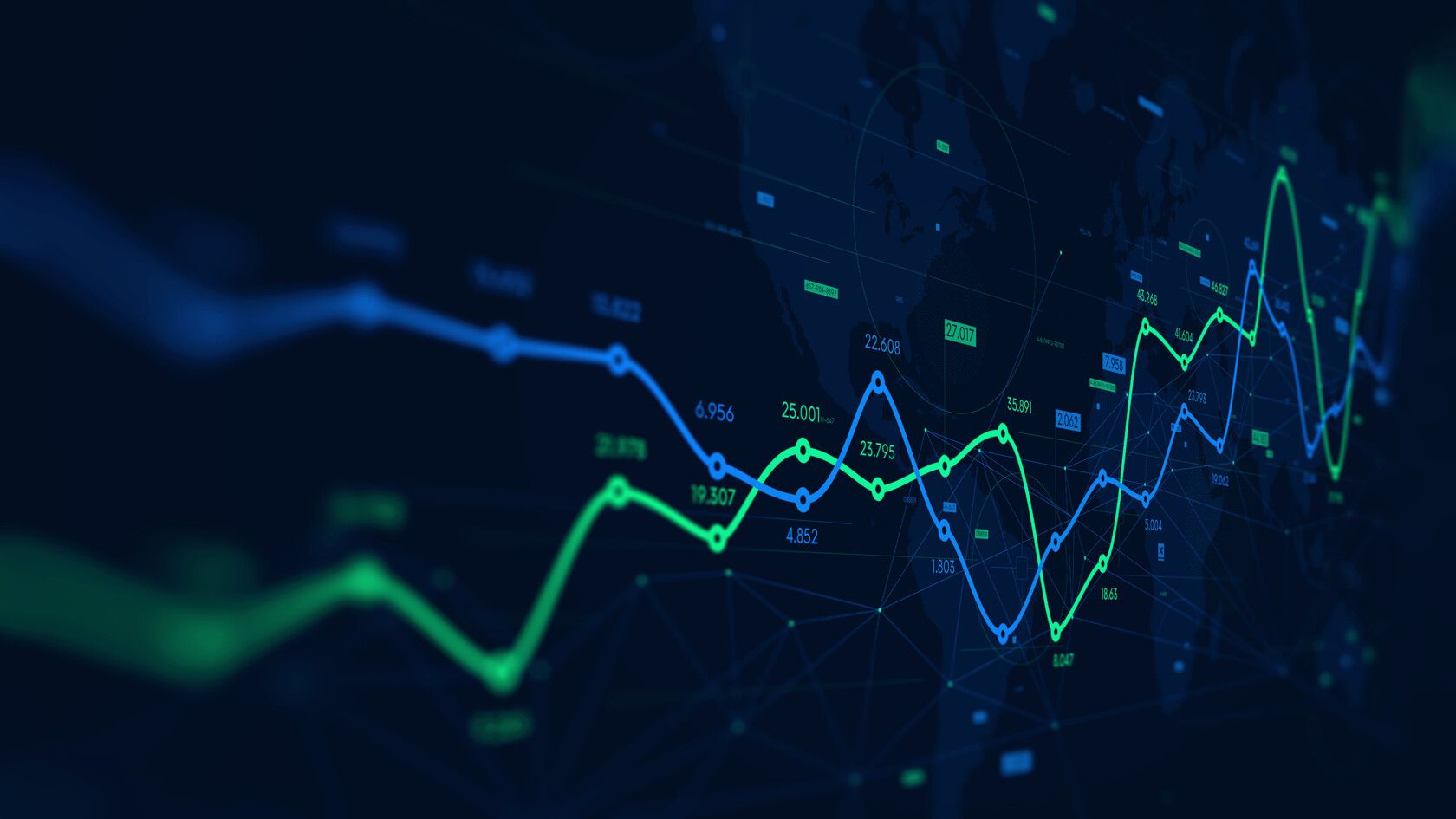Line graphs representing financial or stock market data trends displayed on a dark background with a faint world map overlay—ideal for litigation support or analysis by law offices and lawyers in Chicago.