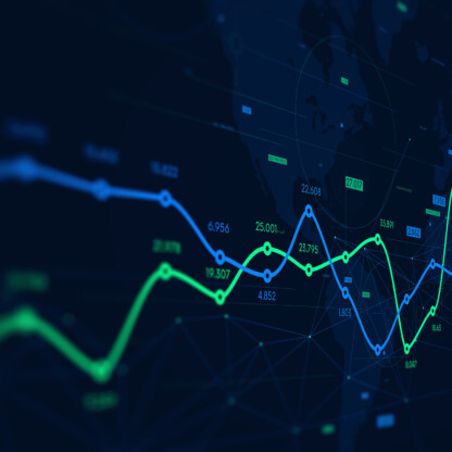 Line graphs representing financial or stock market data trends displayed on a dark background with a faint world map overlay—ideal for litigation support or analysis by law offices and lawyers in Chicago.