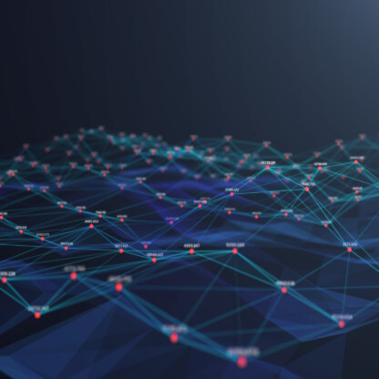A digital network visualization with interconnected blue lines and nodes, some marked with red dots, set against a dark background—ideal for showcasing litigation support used by Chicago lawyers.