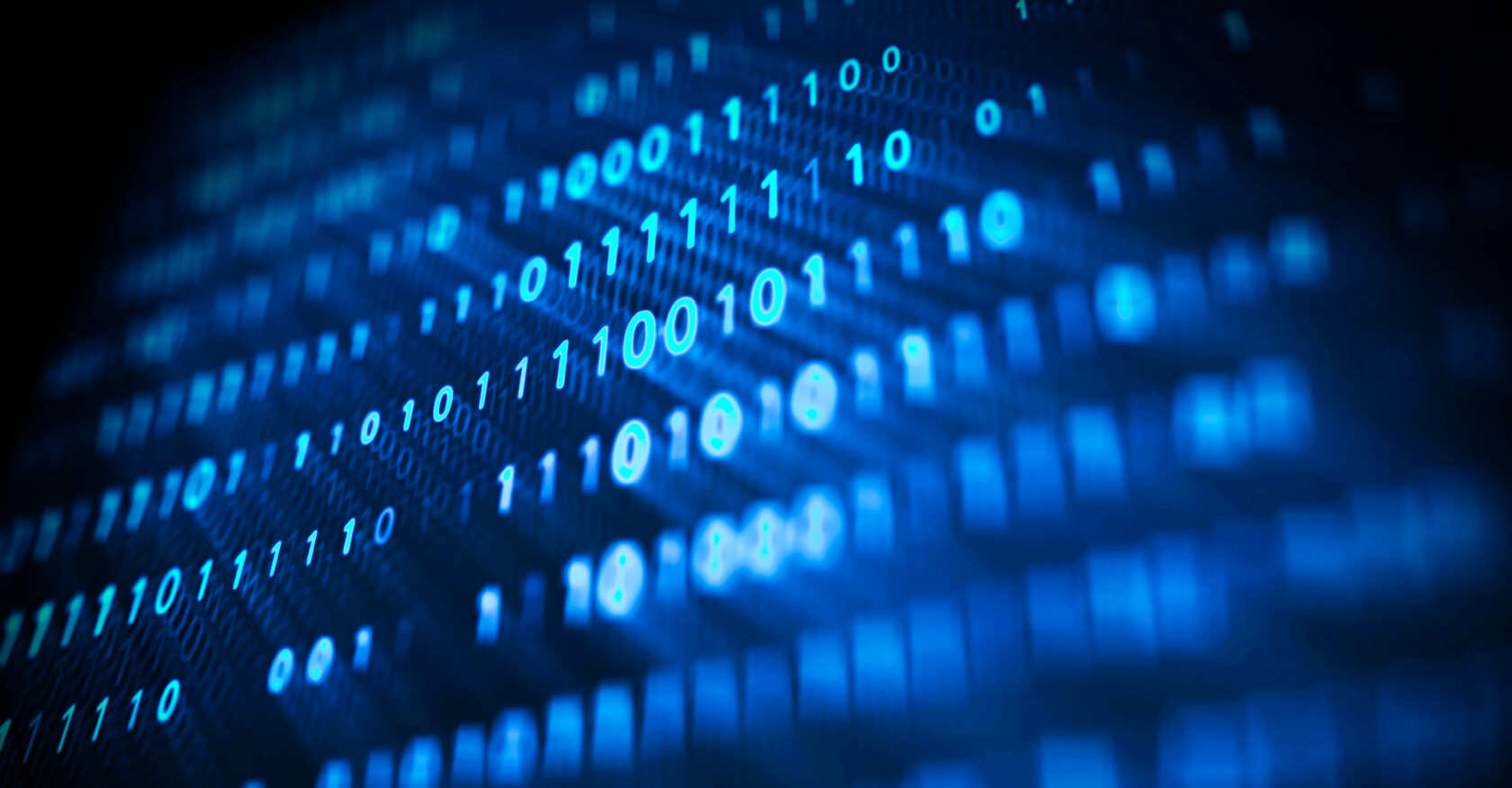 A close-up of glowing blue binary code, consisting of ones and zeros, displayed on a dark background—ideal for themes related to intellectual property law or litigation support in a modern corporate law office.