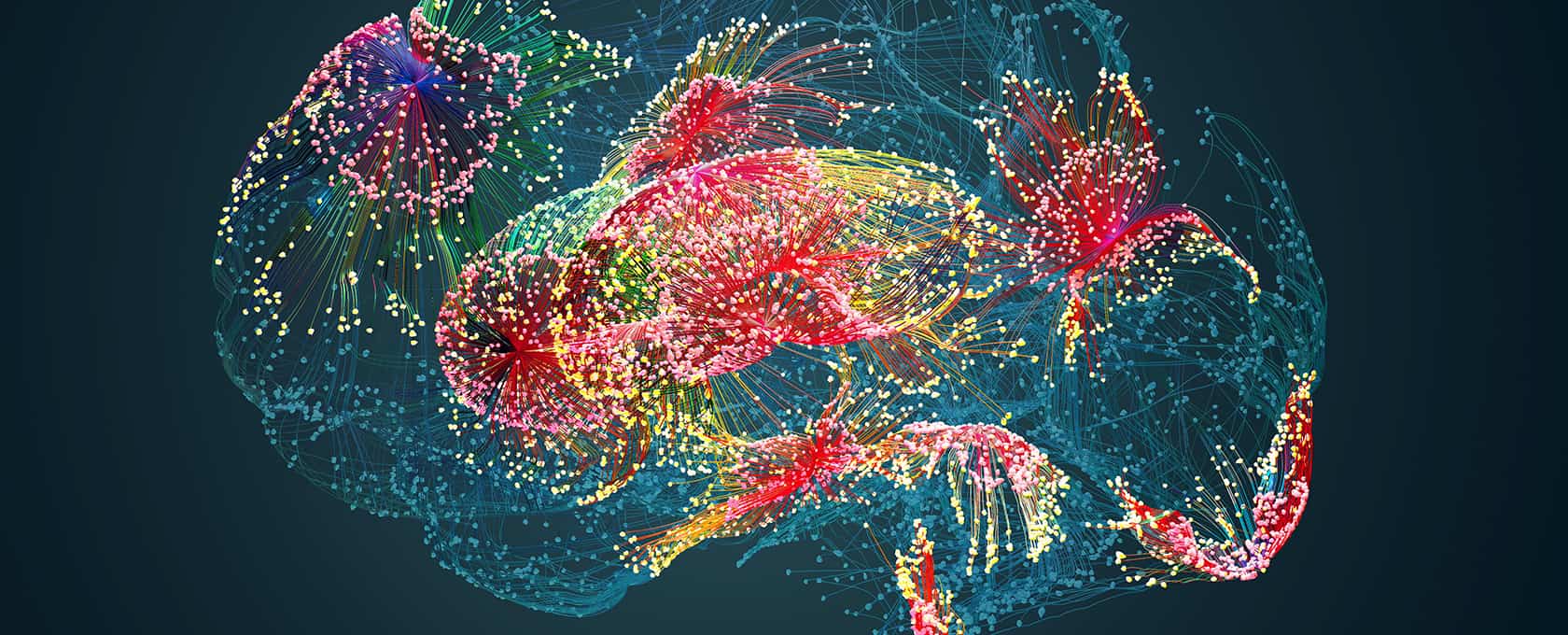 A digital illustration of a human brain with multicolored neural networks and nodes, symbolizing neural connections and brain activity—an artistic nod to the intricate thinking behind intellectual property law.