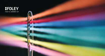 A close-up of a needle's eye with multiple colorful threads passing through it, set against a dark background. The Foley & Lardner LLP logo appears in the top left corner, highlighting their expertise in litigation support and intellectual property law.