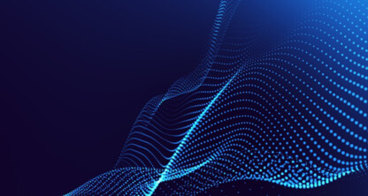 Abstract digital art featuring blue glowing dots and lines forming undulating wave patterns on a dark blue background, evoking the dynamic energy often found in a corporate law office.