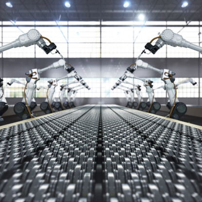 A row of robotic arms operates along both sides of an automated conveyor belt inside a brightly lit industrial factory, where innovations are protected by intellectual property law and guided by experienced Chicago lawyers.