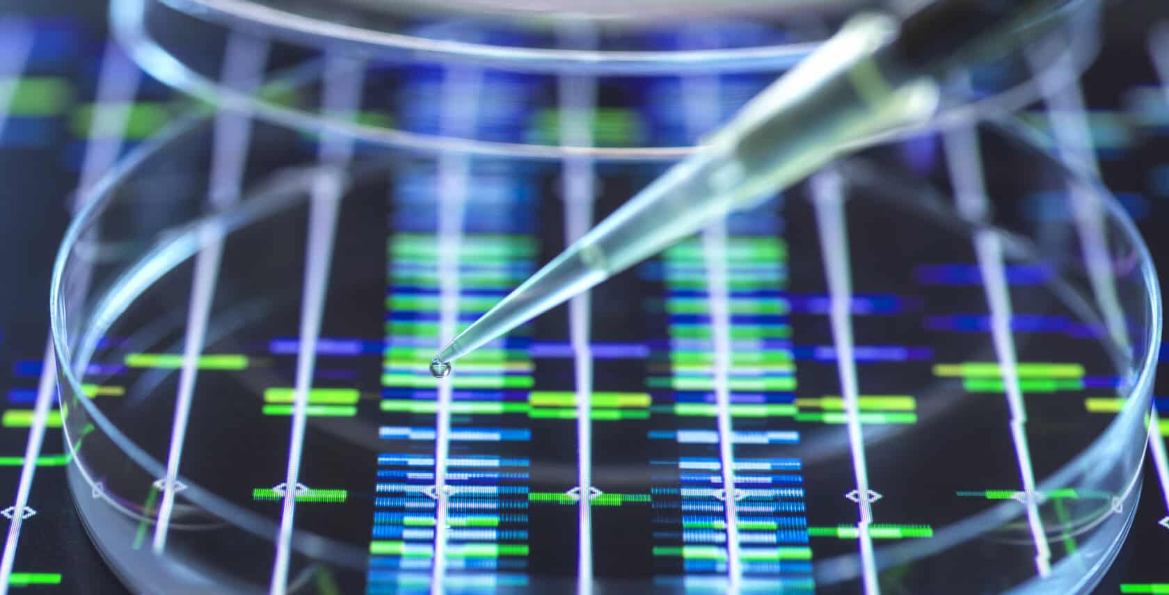 A pipette dispenses liquid into a petri dish placed over a digital DNA sequencing pattern with colored bars, highlighting the intersection of biotech innovation and intellectual property law.