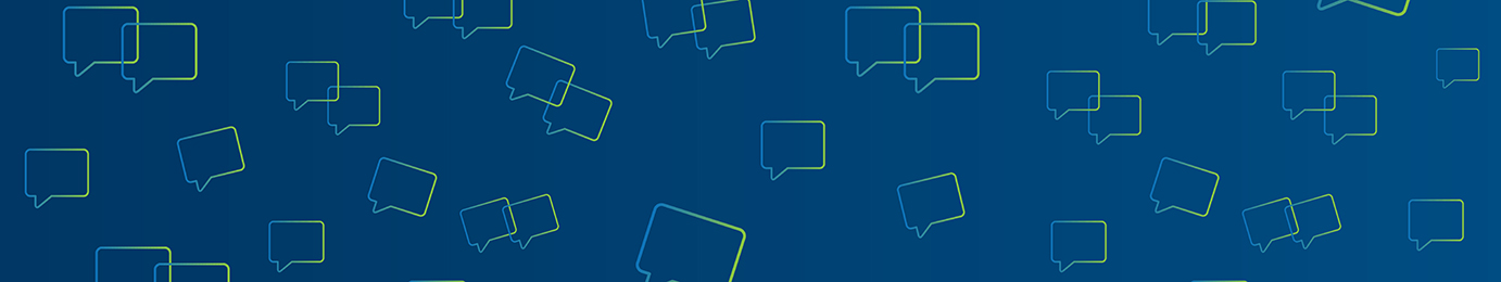 Blue background with multiple green and blue outlined speech bubbles scattered across the image, representing conversations often held in law offices or between lawyers in Chicago.
