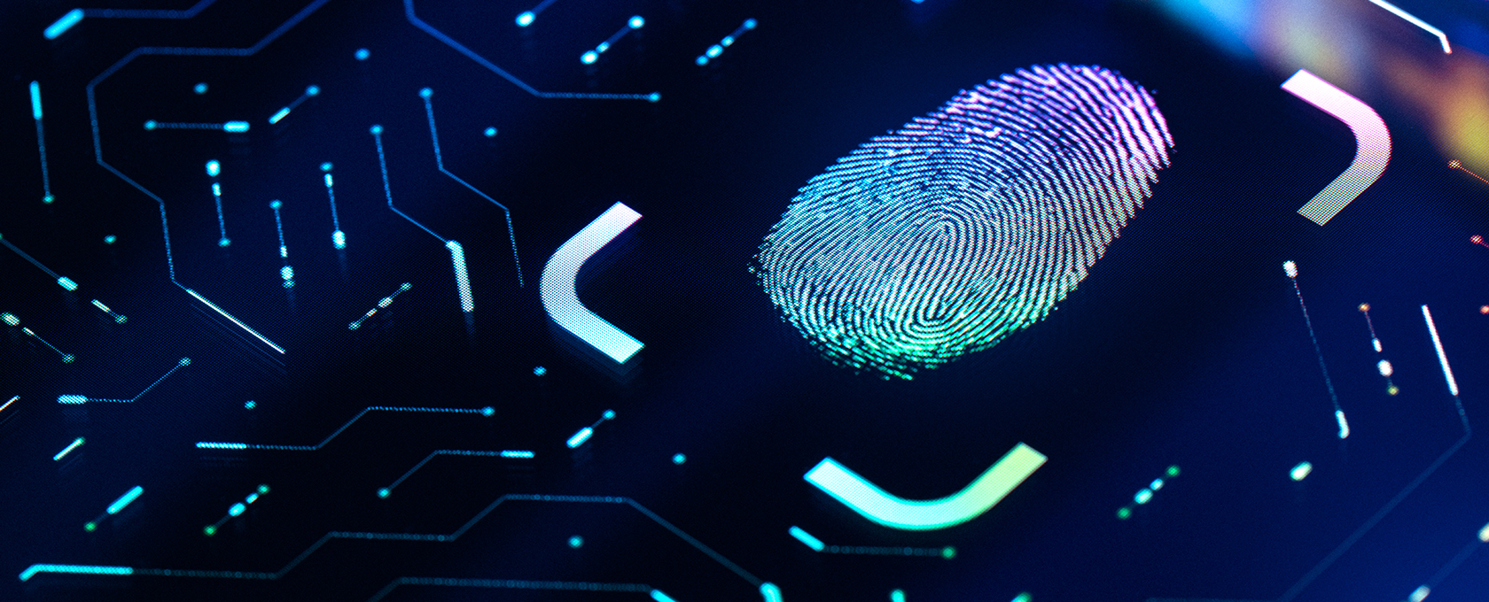 A digital fingerprint appears on a glowing screen surrounded by circuit-like lines, symbolizing biometric security technology within the context of intellectual property law.