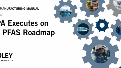Cover of a 2024 manufacturing manual titled "EPA Executes on Its PFAS Roadmap," featuring gear graphics with industrial and environmental images—an essential resource for law offices and professionals navigating compliance issues.