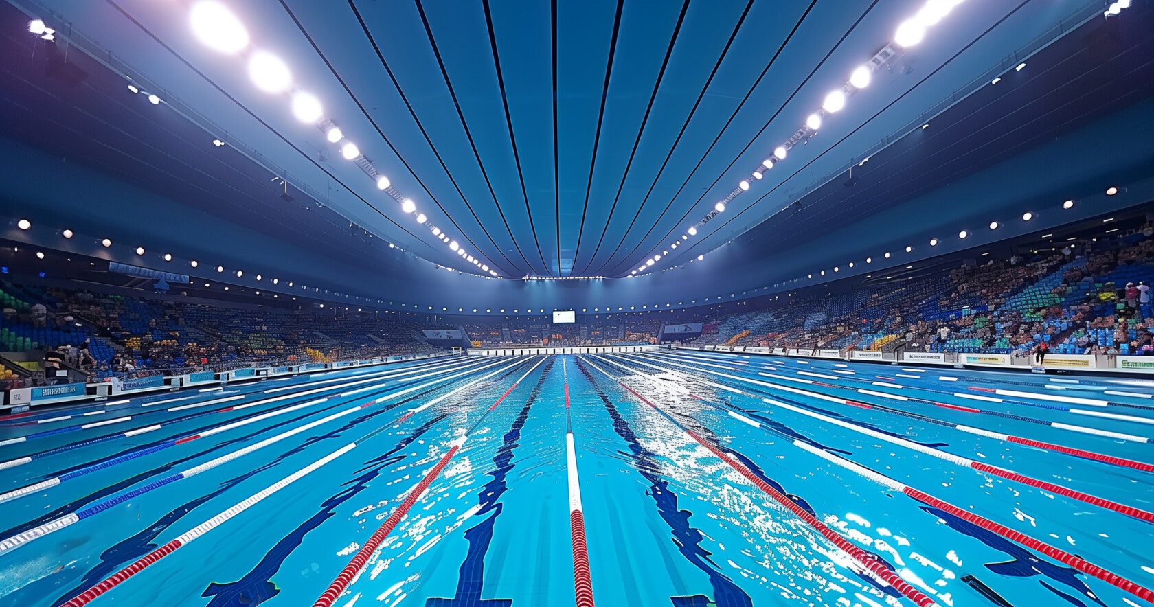 Indoor Olympic-size swimming pool with empty lanes, surrounded by stadium seating and bright overhead lighting—ideal for local law offices or Chicago lawyers seeking a unique venue for team events or litigation support gatherings.