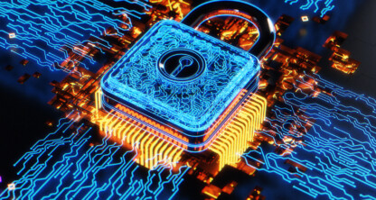 A digital padlock glows blue and orange, surrounded by circuitry, symbolizing cybersecurity, data protection, and the importance of intellectual property law for Chicago lawyers.