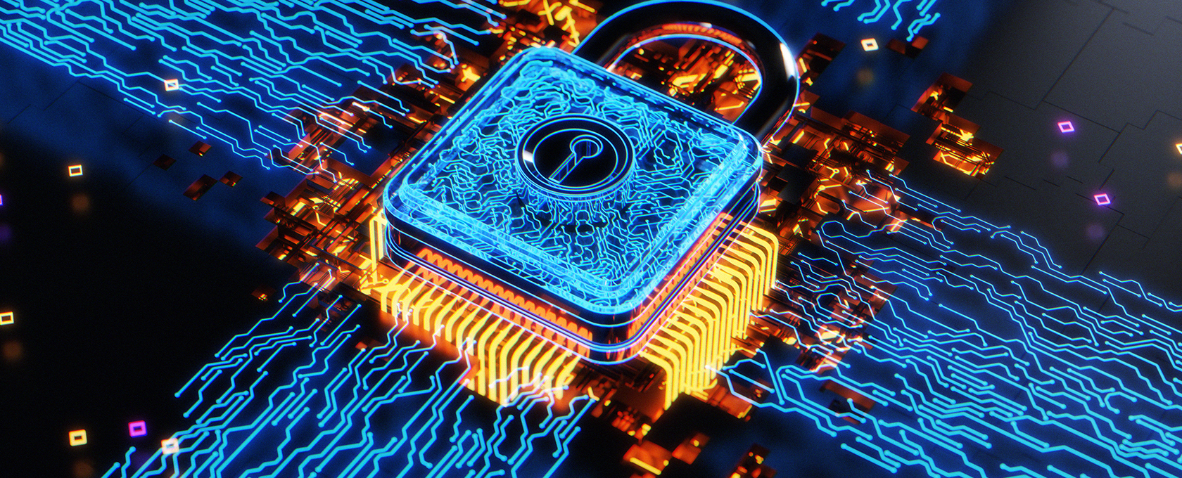 A digital padlock glows blue and orange, surrounded by circuitry, symbolizing cybersecurity, data protection, and the importance of intellectual property law for Chicago lawyers.