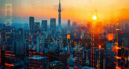 City skyline at sunset with Tokyo Skytree in the background, overlaid with abstract digital code and glowing data symbols, evoking the dynamic environment of a corporate law office specializing in litigation support.