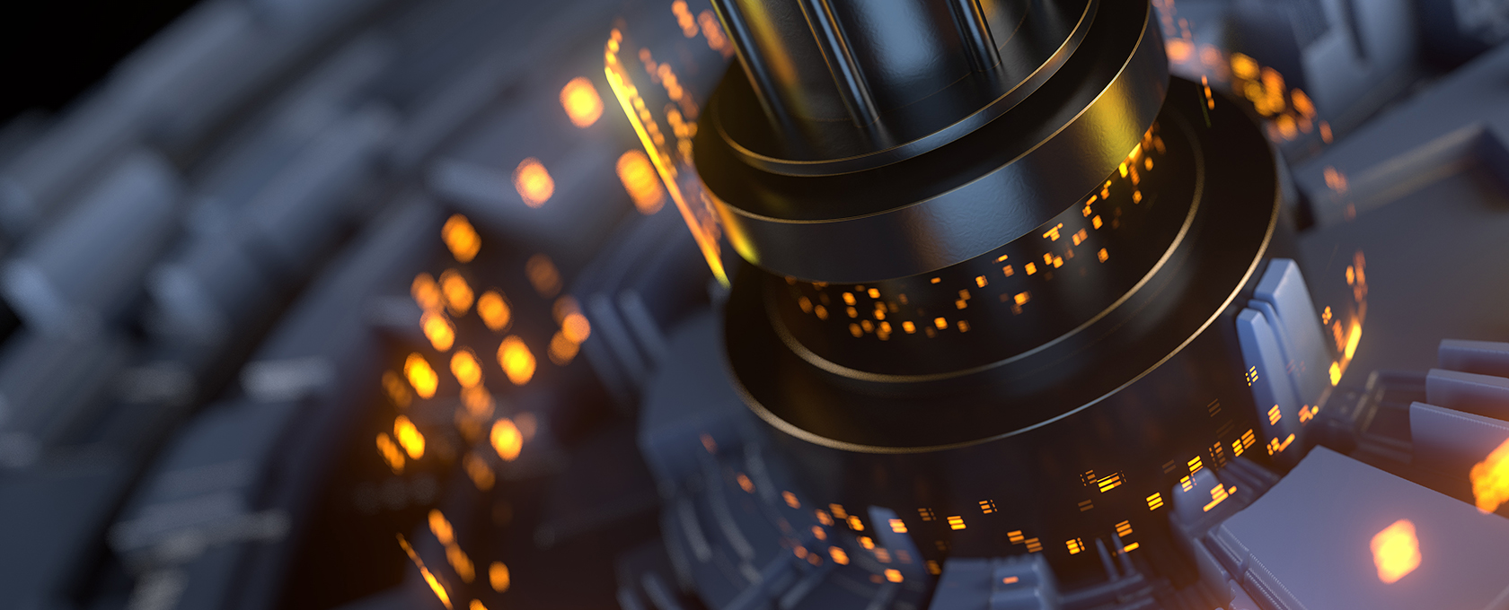 Close-up of a metallic, circular mechanical structure with glowing orange lights on a dark, blurred background, reminiscent of the precision and innovation seen in Chicago lawyers' approach to intellectual property law.