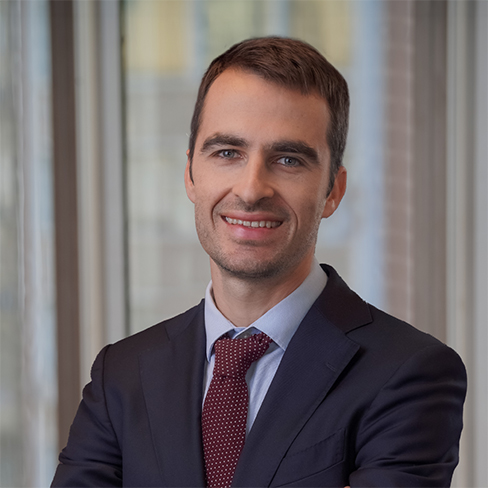 A man in a dark suit and red patterned tie stands with arms crossed, smiling, in front of large windows with a cityscape background, reflecting the professionalism of top law offices specializing in litigation support.