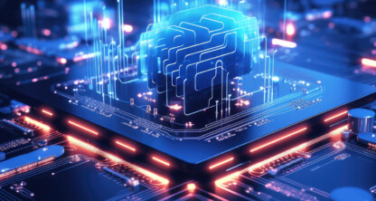 A glowing digital brain hovers above a computer chip on a circuit board, symbolizing artificial intelligence and advanced technology for innovative corporate law offices and forward-thinking lawyers in Chicago.