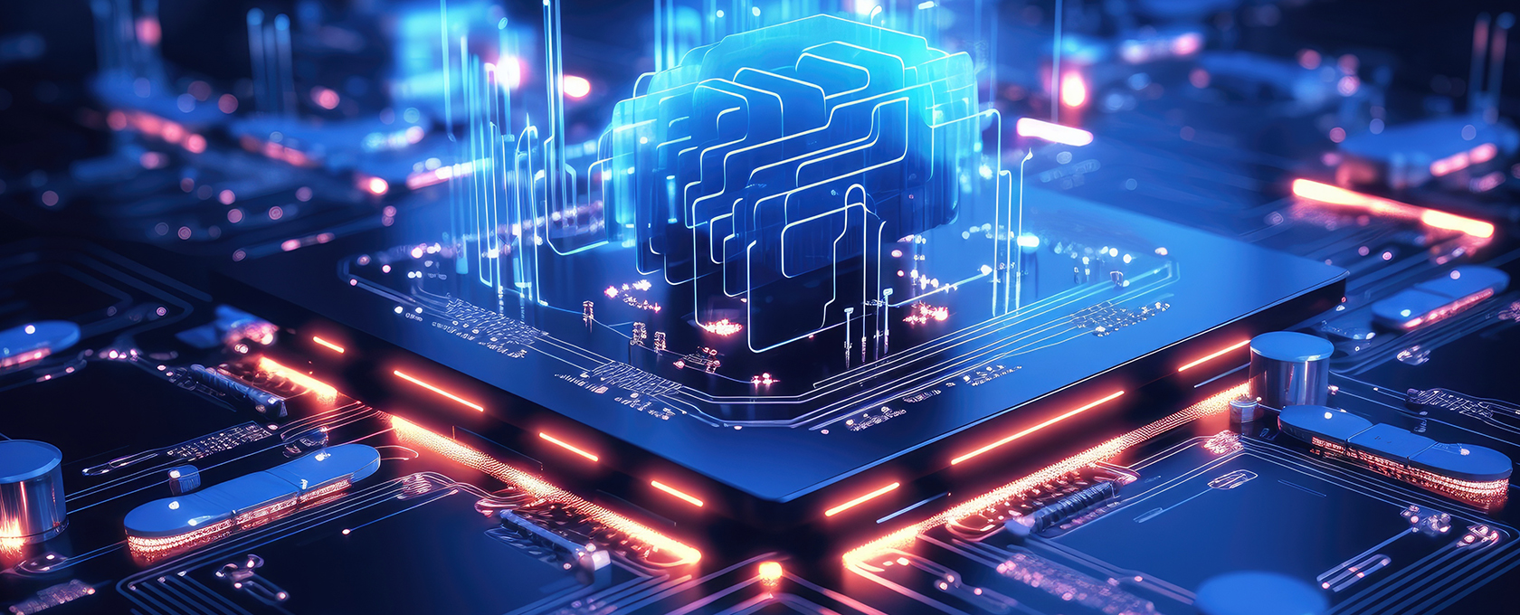 A glowing digital brain hovers above a computer chip on a circuit board, symbolizing artificial intelligence and advanced technology for innovative corporate law offices and forward-thinking lawyers in Chicago.