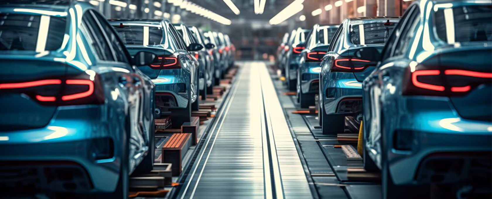 A row of blue cars on an automated assembly line in a modern car manufacturing factory, viewed from the rear—an innovation protected by intellectual property law.