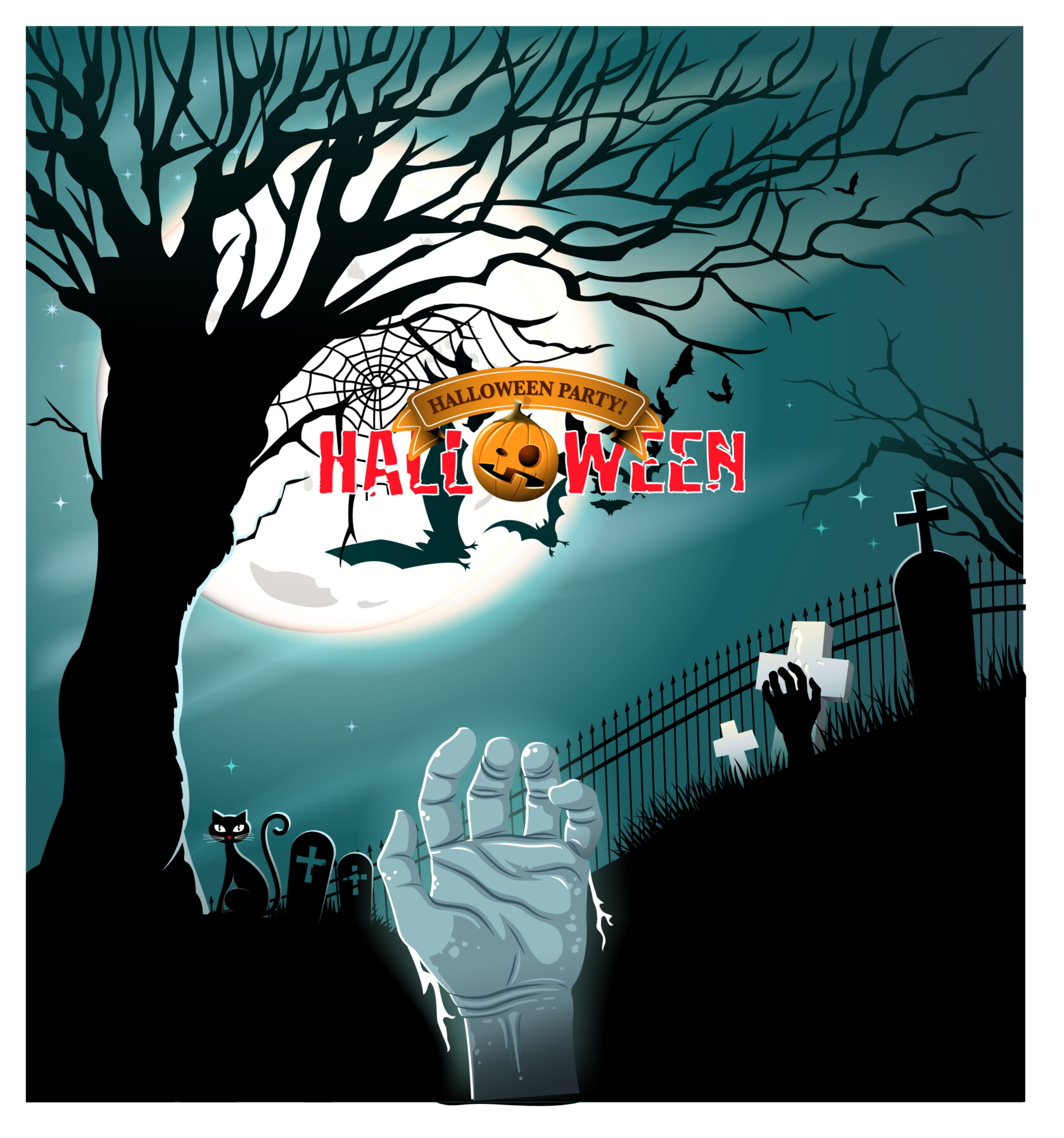 A zombie hand emerges from a grave in a dark cemetery at night, with the full moon, bats, a black cat, and a "Halloween Party" sign—an unlikely scene for an intellectual property law event.