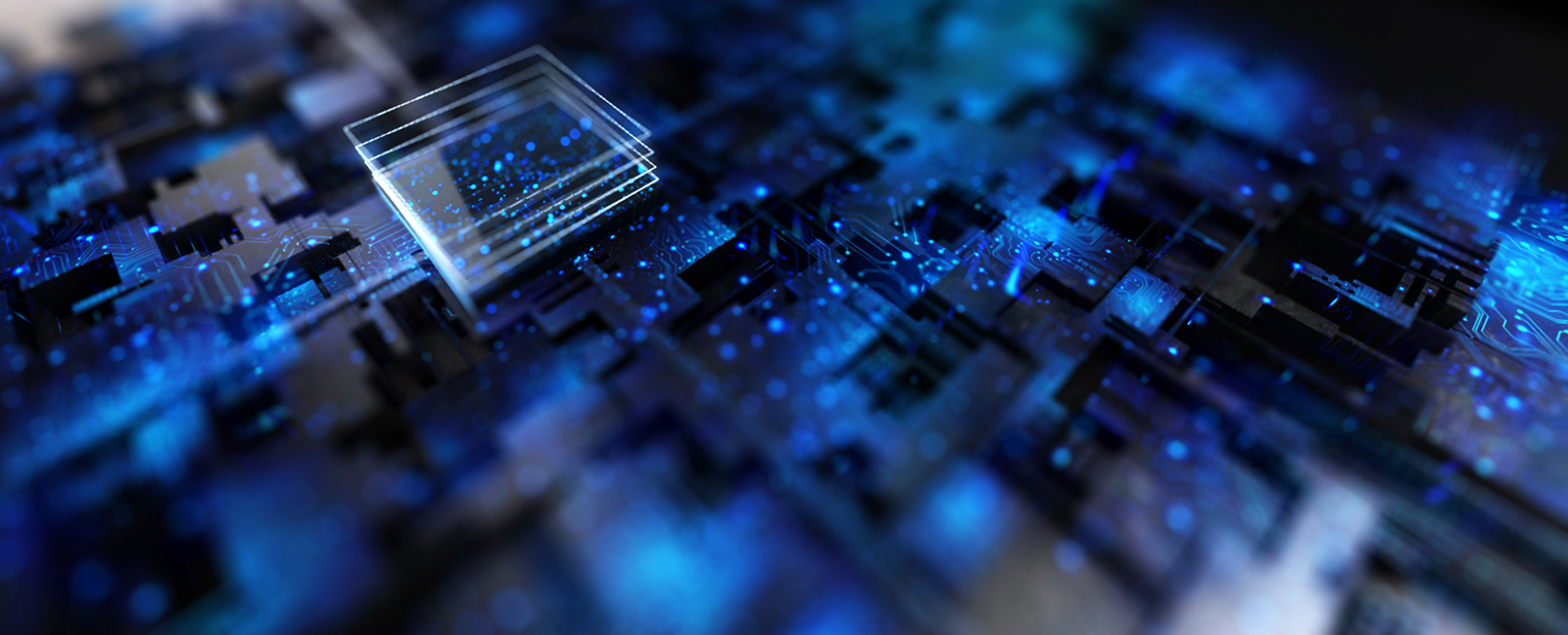 Close-up of a circuit board with blue glowing elements and a transparent square highlighting a specific section—symbolizing the precision and focus found in Chicago lawyers’ litigation support at top law offices.