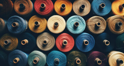 Close-up view of multiple spools of thread in various colors arranged in rows, symbolizing the meticulous attention to detail seen in Chicago lawyers offering litigation support.