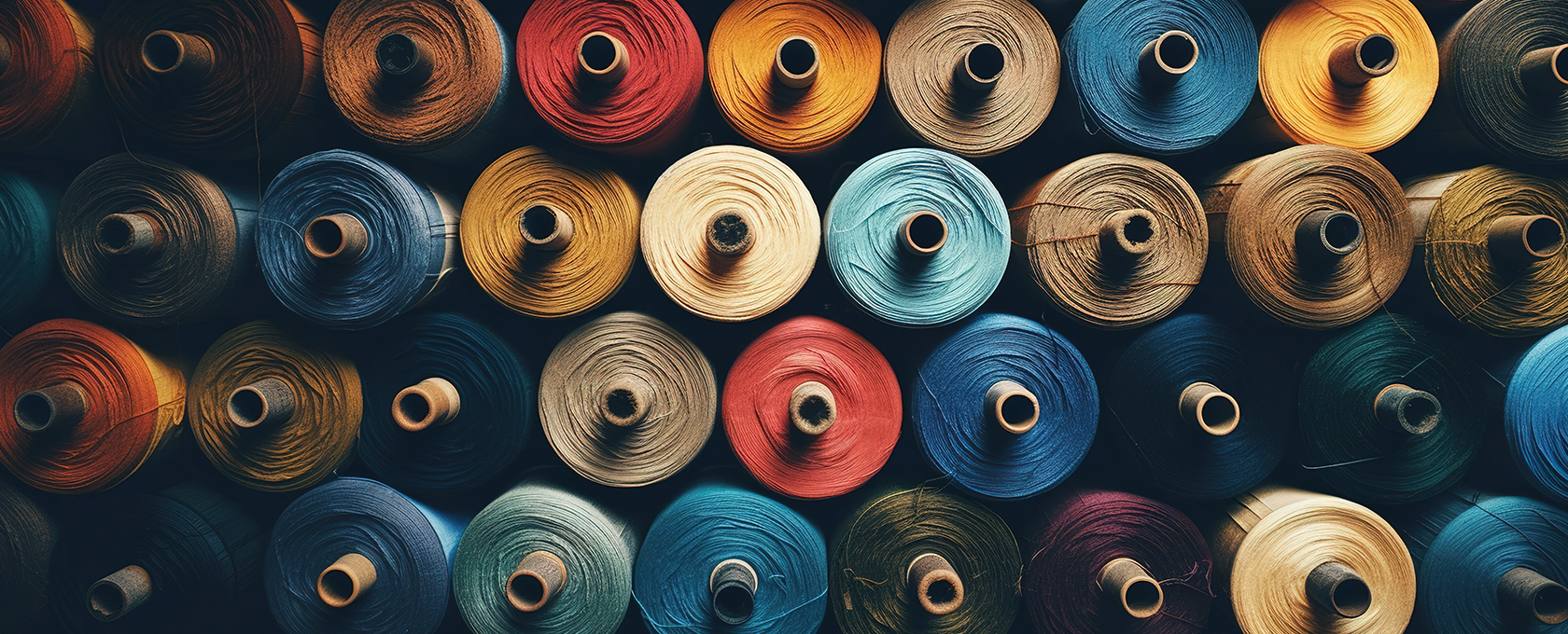 Close-up view of multiple spools of thread in various colors arranged in rows, symbolizing the meticulous attention to detail seen in Chicago lawyers offering litigation support.