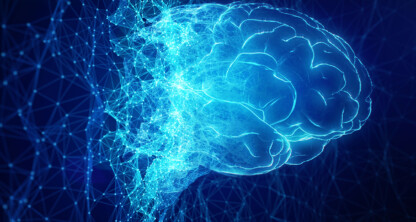 Digital illustration of a glowing blue human brain with network connections, symbolizing artificial intelligence or neural networks—perfect for a corporate law office or Chicago lawyers seeking innovative litigation support.