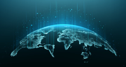 Digital illustration of the Earth’s surface from space, highlighting continents with glowing grid lines and vertical blue beams—symbolizing the global reach of Chicago lawyers and their expertise in intellectual property law.