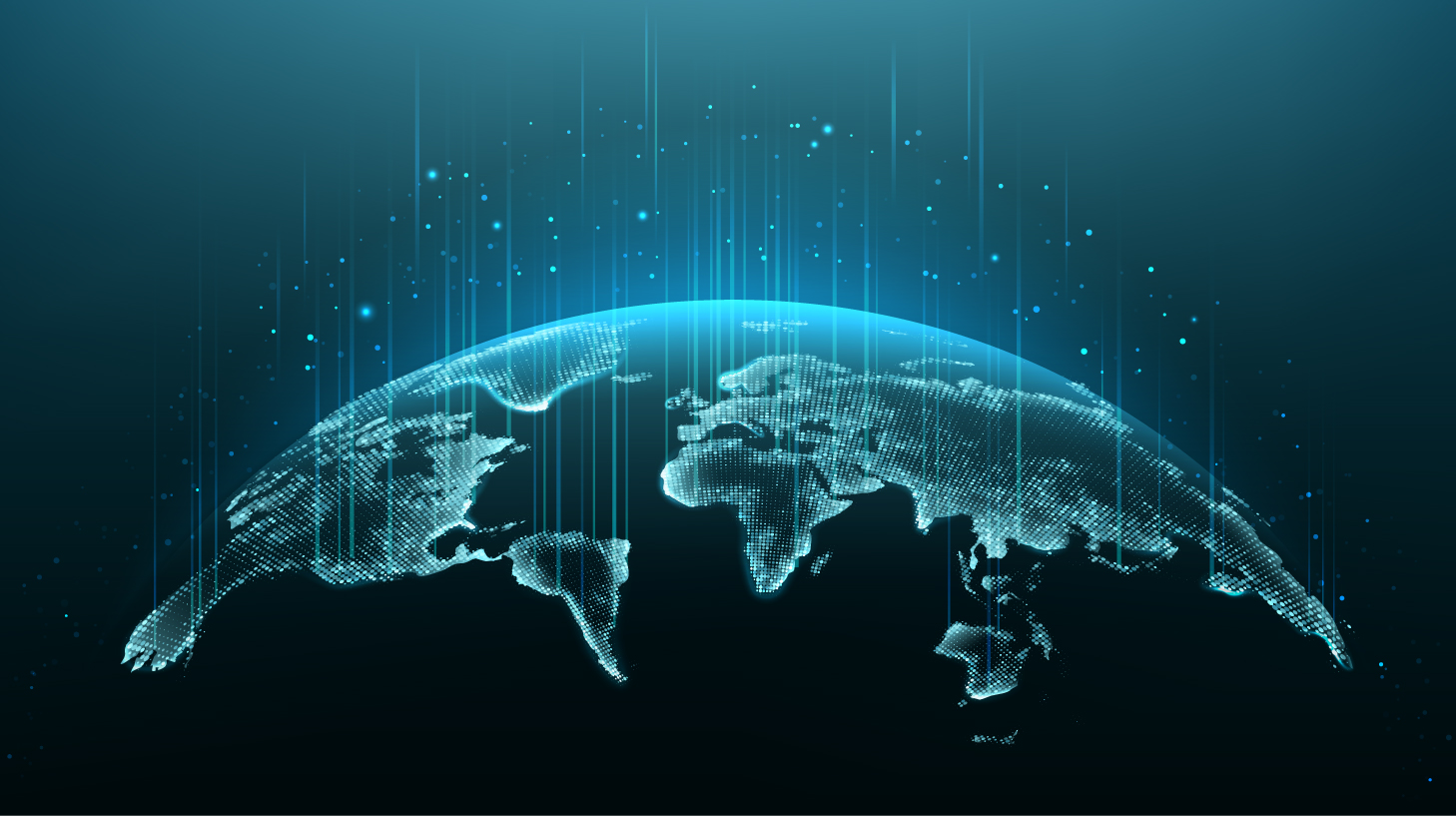 Digital illustration of the Earth’s surface from space, highlighting continents with glowing grid lines and vertical blue beams—symbolizing the global reach of Chicago lawyers and their expertise in intellectual property law.