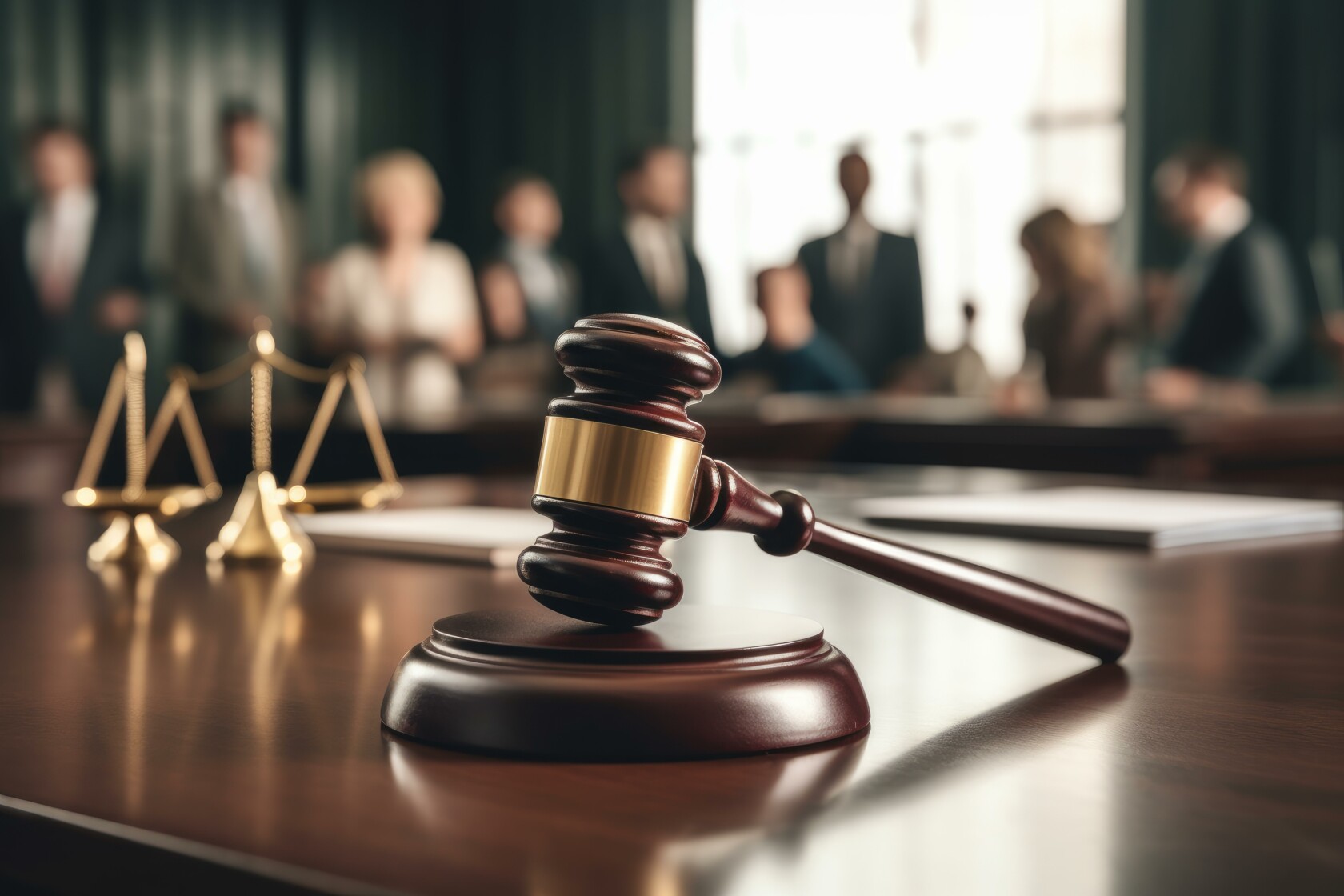 A judge’s gavel and scales of justice rest on a courtroom table, symbolizing the pursuit of justice, while blurred people in the background highlight the vital role of law offices and litigation support in legal proceedings.