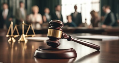 A judge’s gavel and scales of justice rest on a courtroom table, symbolizing the pursuit of justice, while blurred people in the background highlight the vital role of law offices and litigation support in legal proceedings.