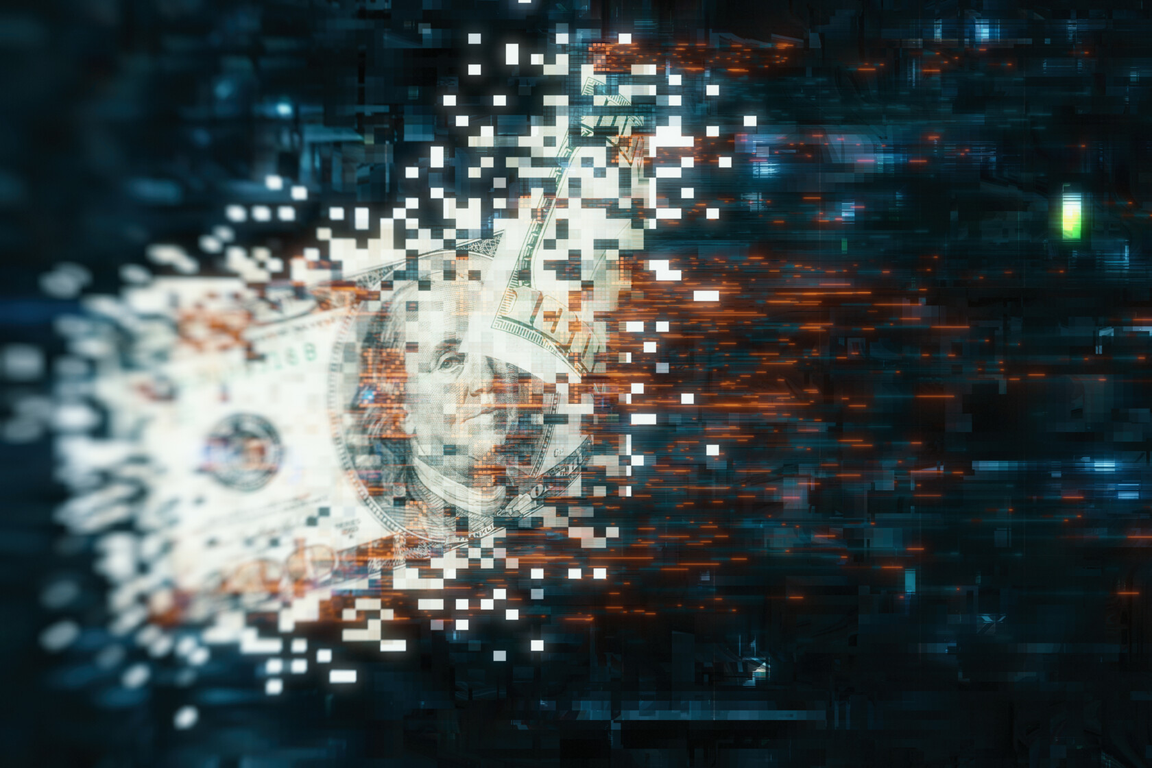 A U.S. hundred-dollar bill appears to dissolve into digital pixels, symbolizing the transition from physical to digital currency—a transformation understood by innovative Chicago lawyers in today’s evolving corporate law office.