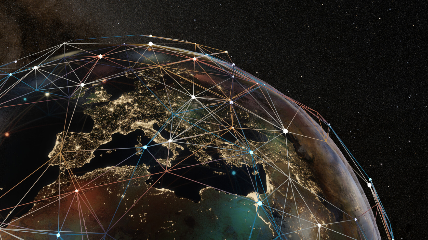 A view of Earth from space at night shows illuminated cities in Europe and network lines connecting points across the globe, representing global connectivity—much like how Chicago lawyers link clients worldwide in today's corporate law office landscape.