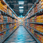 A brightly lit supermarket aisle with shelves stocked full of various packaged food products on both sides.