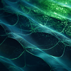 Close-up of translucent, wavy green and blue layers with a net-like pattern and small glowing specks.