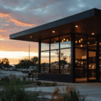 Modern coffee shop with large glass windows at sunset, warm interior lighting visible, outdoor seating, and a parking lot with cars in the background.