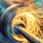 Close-up of a metal grinding machine in operation, producing bright yellow sparks as it sharpens or shapes a metal cylinder.