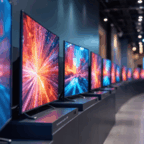 A row of flat-screen televisions on display in an electronics store, each showing colorful abstract graphics on their screens.