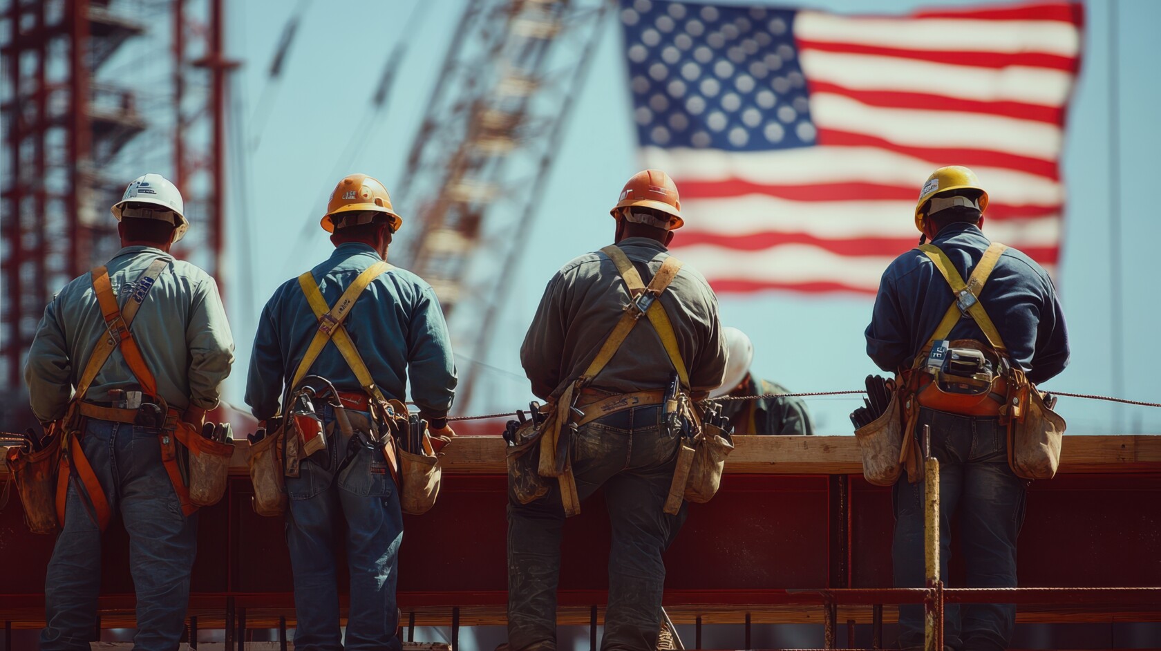 Four construction workers in safety gear stand on a beam at a worksite, with a large American flag blurred in the background.