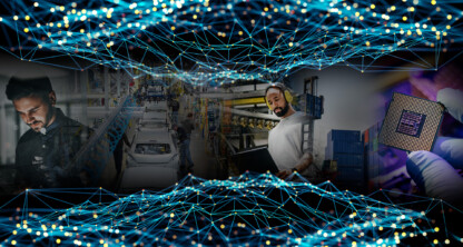 A collage of manufacturing, technology, and logistics scenes overlaid with interconnected digital network lines and glowing dots.