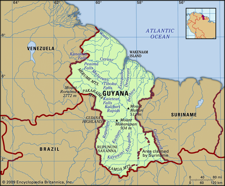 Map of Guyana showing its borders with Venezuela, Brazil, and Suriname, major rivers, mountain ranges, and key geographical features. Inset shows location in northern South America.